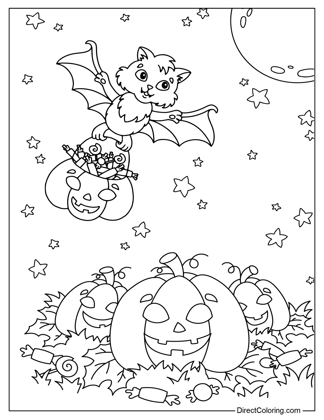 Coloring Page Bat with a Basket of Sweets and Pumpkins